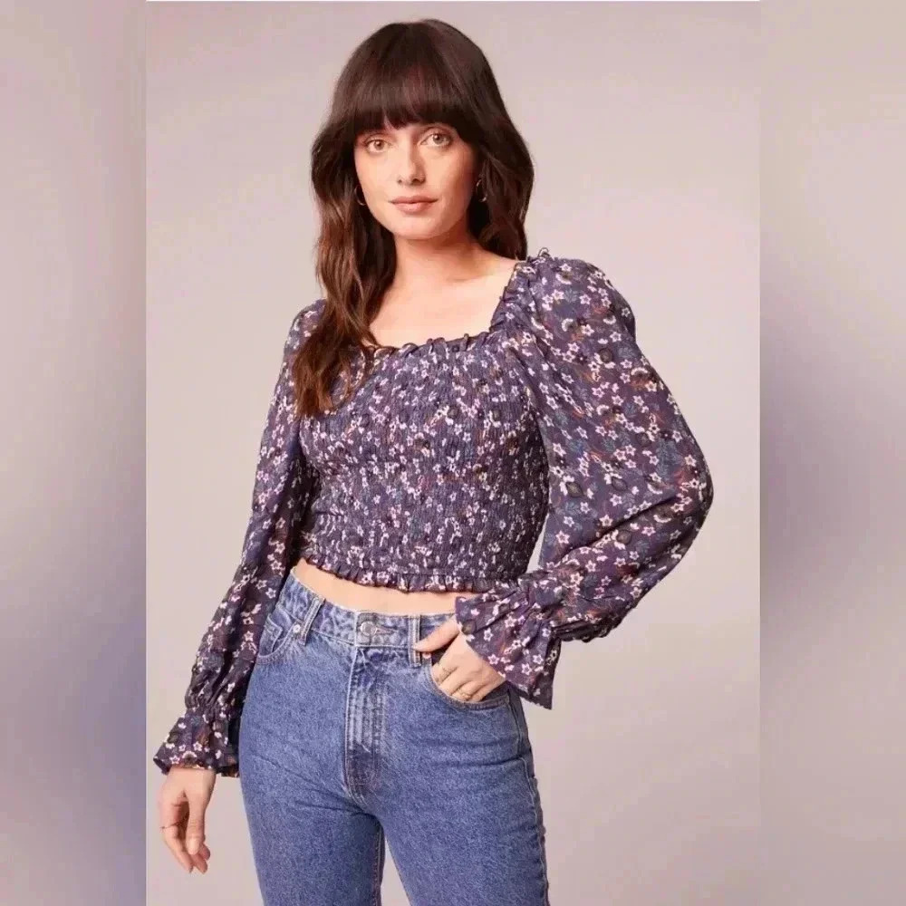 Band of Gypsies Agathe Purple Floral smocked top NWT SZ XS Milkmaid top